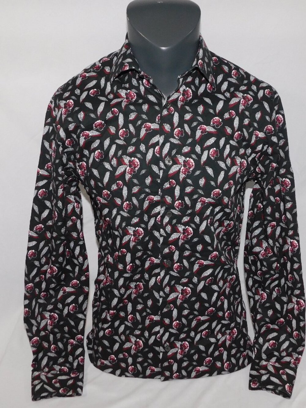 Geoffrey Beene Slim Fit Black Red White Floral Leaves Dress Shirt Mens 15 32/33